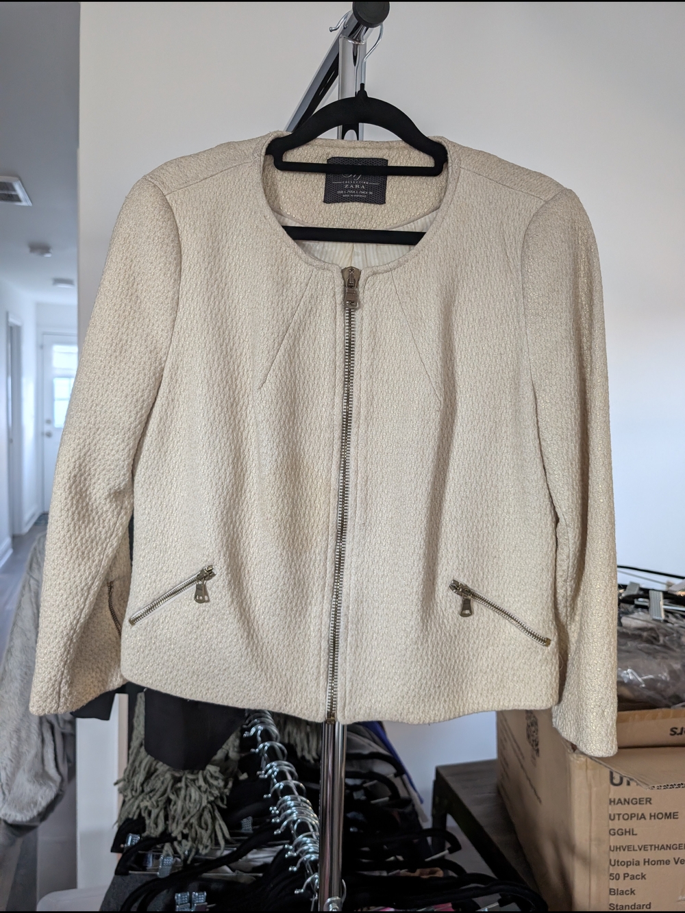 Zara Cream Textured Zip-Front Jacket